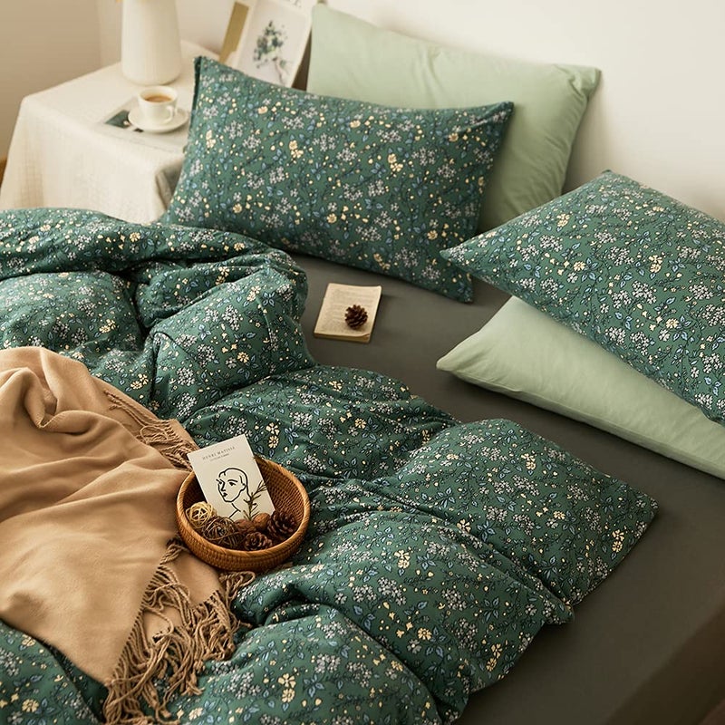 LifeTB Green Floral 100% Jersey Knit Cotton Duvet Cover Queen Vintage Style Botanical Floral Bedding Set Chic Shabby Green Floral Comforter Cover Girl Women Flower Bedding Cover with 2 Pillowcases - Image 5